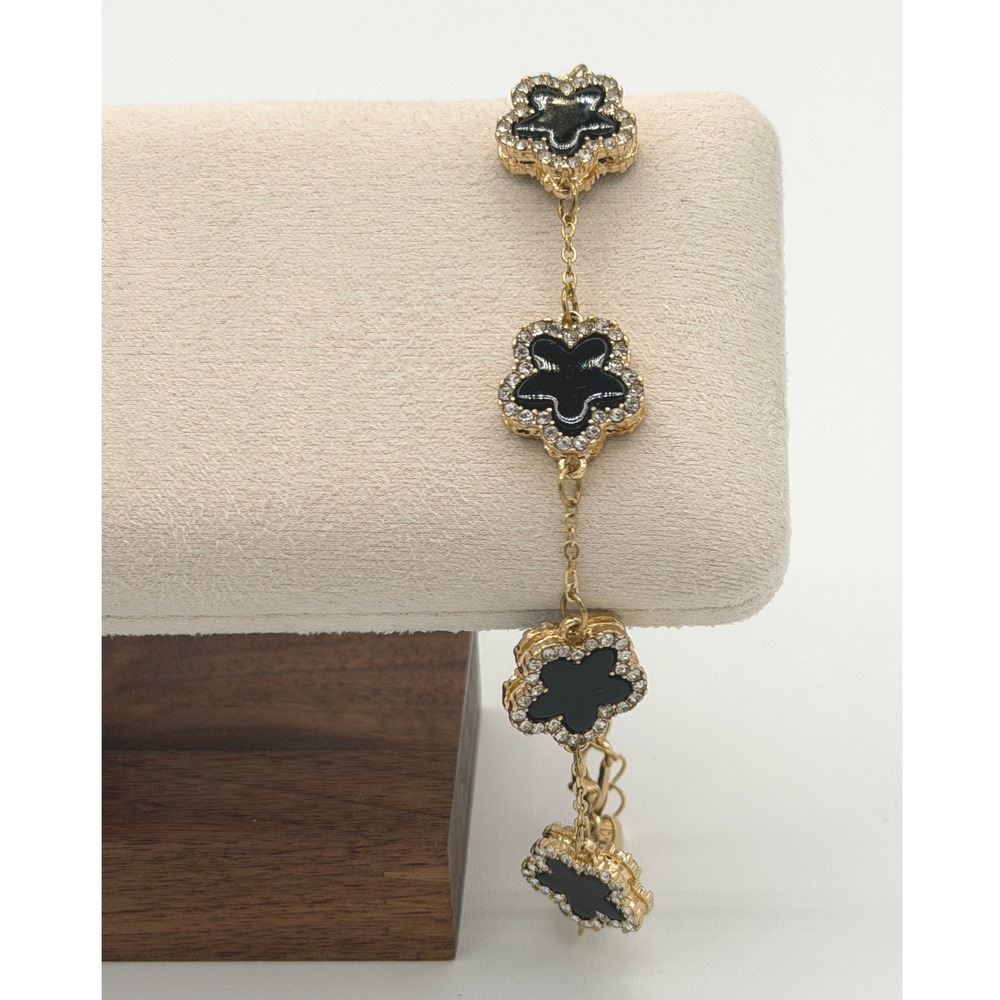 Black Enamel Flower Bracelet Pavé Crystal Trim Designer Style 9.5"